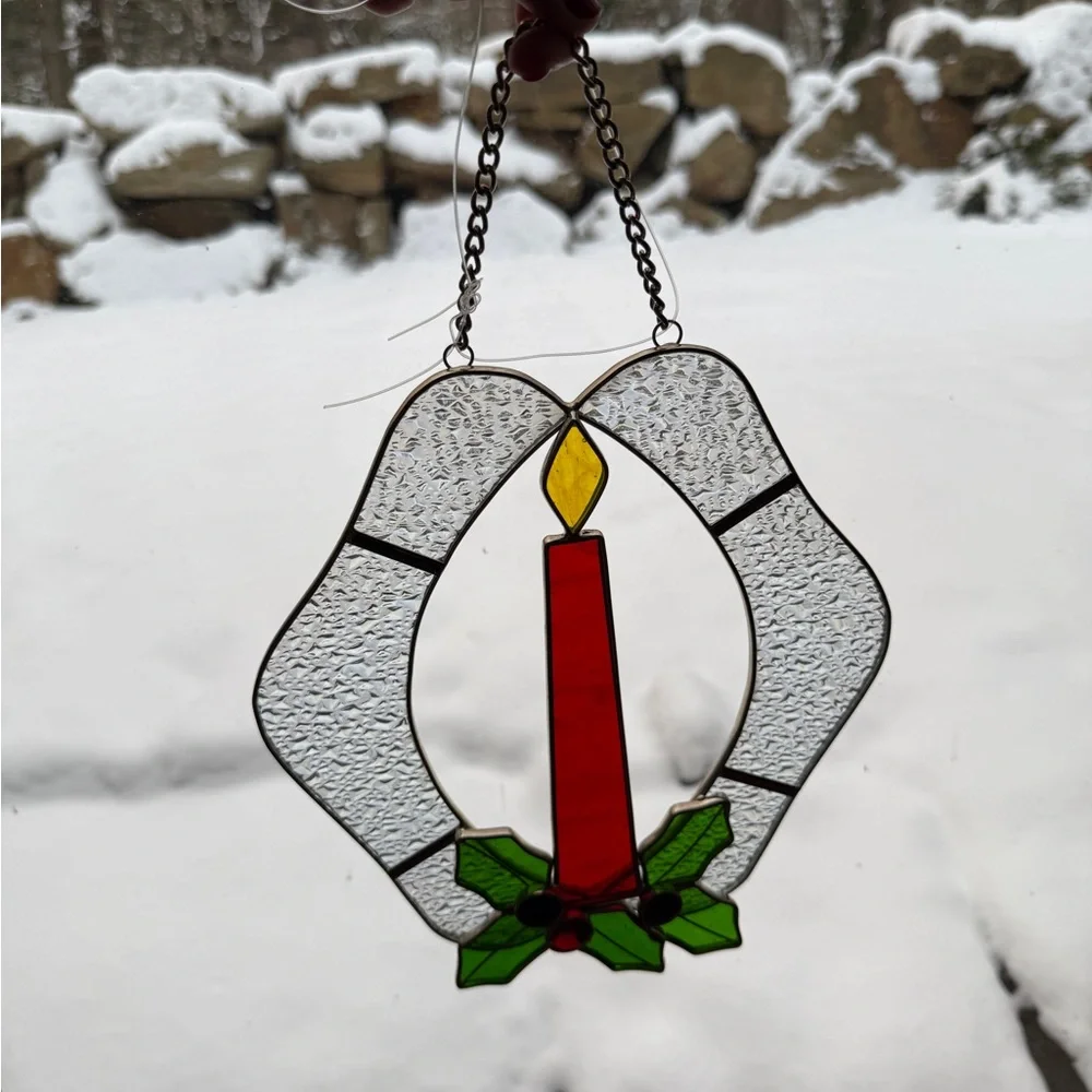 Stained Glass Red Candle Wreath Holiday Suncatcher
